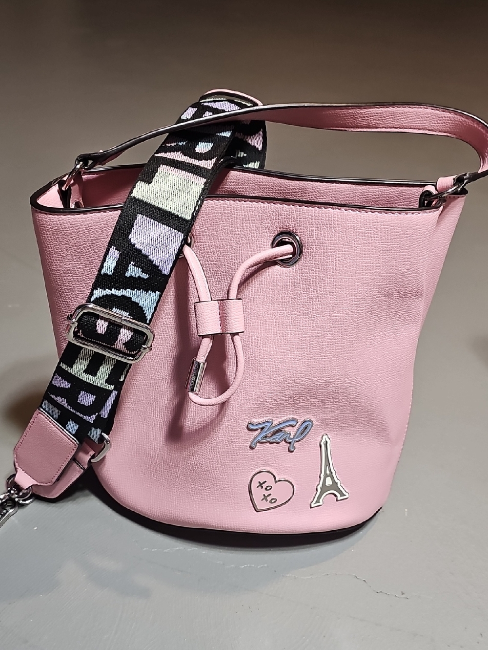 Karl Lagerfeld EUC Paris Blush Drawstring Bucket Bag Crossbody Shoulder Bag Pink